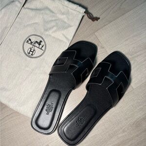 Hermes Black Leather Slide Sandals